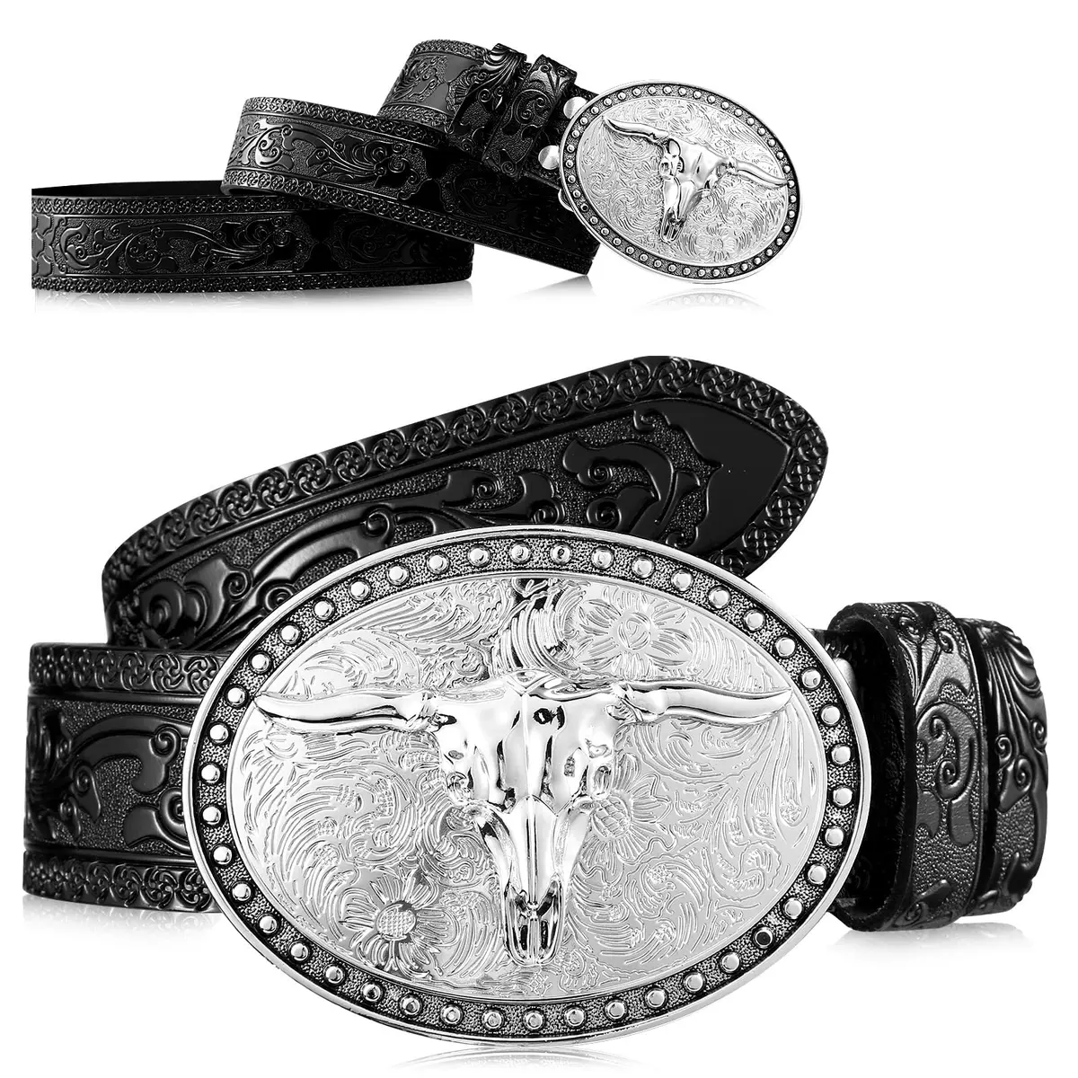 Xuniea Western Belt for Men 45 Inch (114 cm) | Floral Engraved Cowhide Leather with Longhorn Buckle - main product image