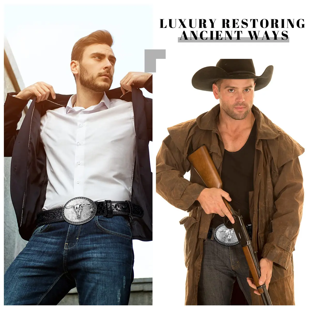 Xuniea Western Belt for Men 45 Inch (114 cm) | Floral Engraved Cowhide Leather with Longhorn Buckle - view 4