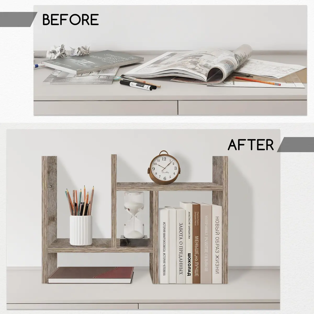 Jerry & Maggie Desktop Organizer Shelf 23.4in x 6in x 14in | Multi-Functional Wooden Desk Rack - view 2