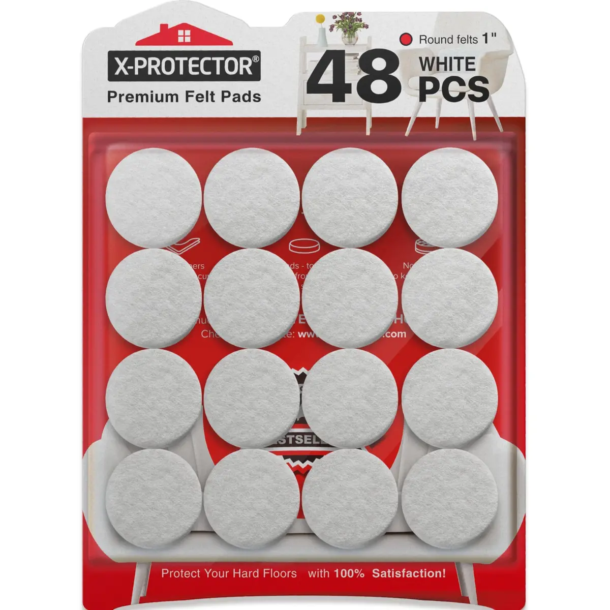 X-Protector Felt Furniture Pads - 48 PCS 1" White | Floor Scratch Protection - main product image