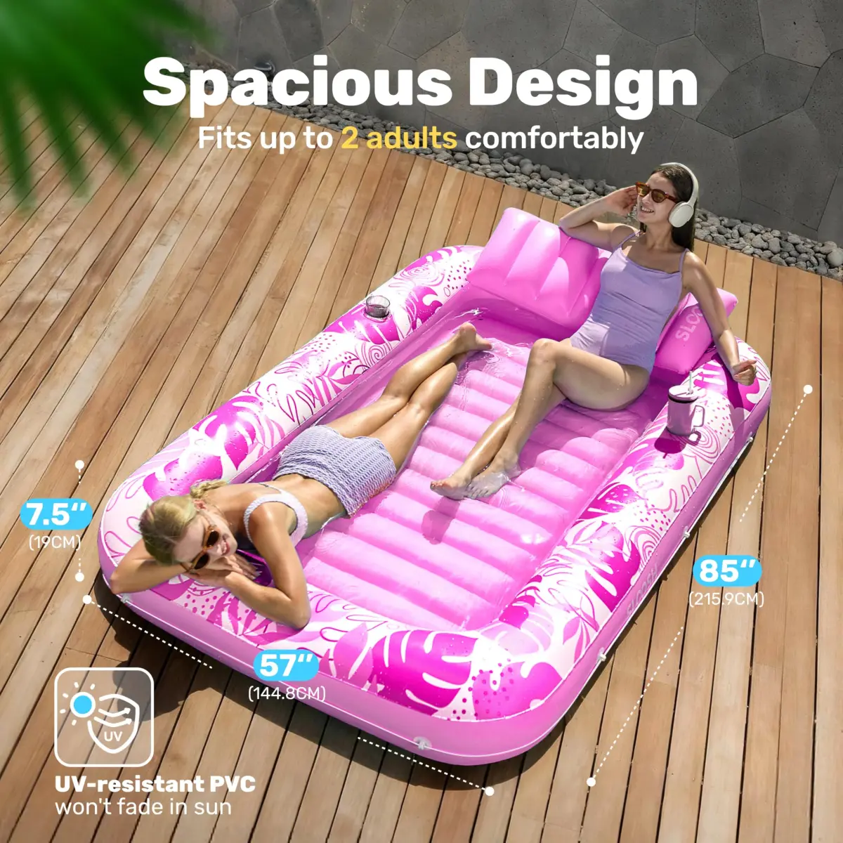 Sloosh Inflatable Tanning Pool Lounger Float 216cm (85") x 145cm (57") | 140kg Capacity, 2-Person Sunbathing Raft - view 2