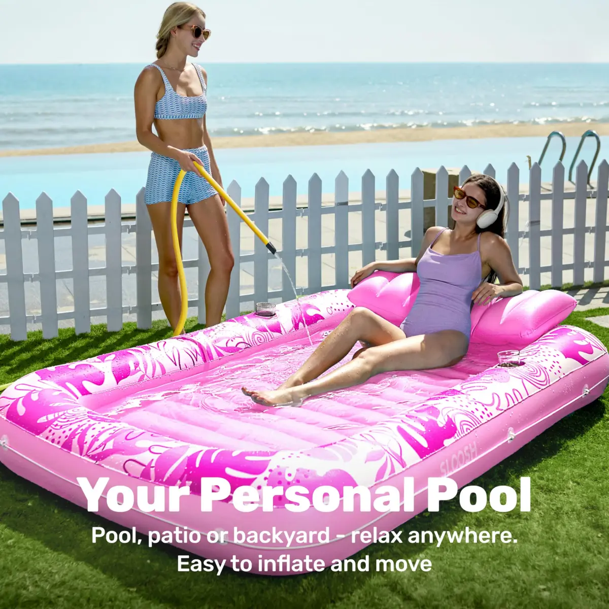 Sloosh Inflatable Tanning Pool Lounger Float 216cm (85") x 145cm (57") | 140kg Capacity, 2-Person Sunbathing Raft - view 3