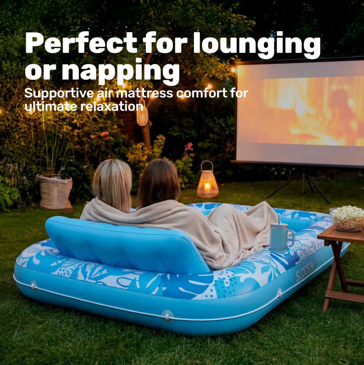 Sloosh Inflatable Tanning Pool Lounger Float 216cm x 145cm (85" x 57") | XL Blue with Pillow & Drink Holders - view 7