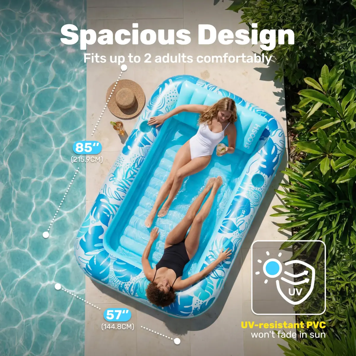 Sloosh Inflatable Tanning Pool Lounger Float 216cm x 145cm (85" x 57") | XL Blue with Pillow & Drink Holders - view 2