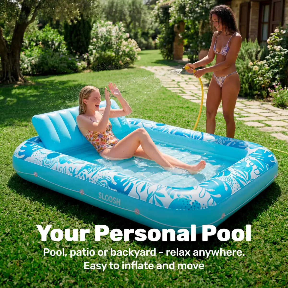 Sloosh Inflatable Tanning Pool Lounger Float 216cm x 145cm (85" x 57") | XL Blue with Pillow & Drink Holders - view 3