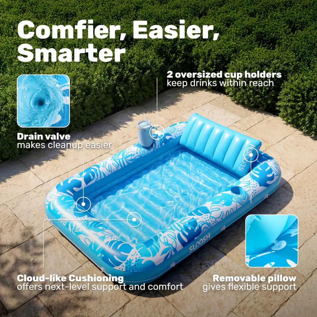 Sloosh Inflatable Tanning Pool Lounger Float 216cm x 145cm (85" x 57") | XL Blue with Pillow & Drink Holders - view 4