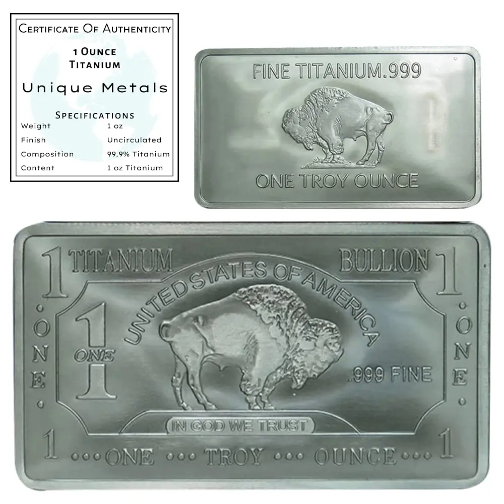 Unique Metals 1 Troy Ounce (31.1 g) Pure Titanium Bar Paperweight | Authentic USA Import with COA - main product image