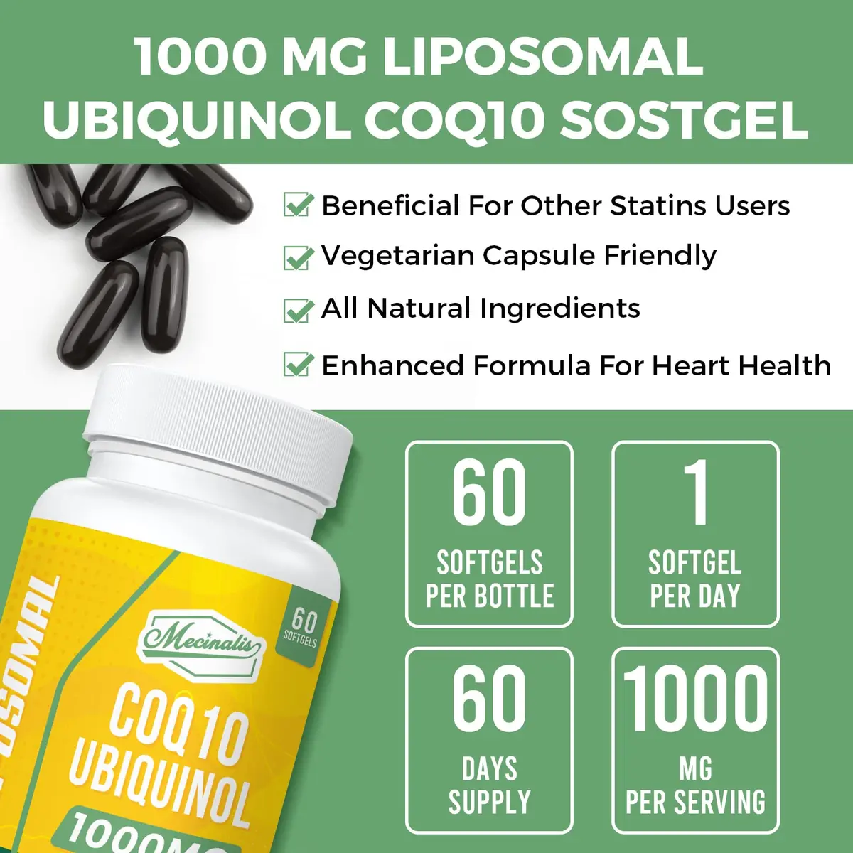 Mecinalis 1000mg Liposomal CoQ10 Softgels | Better Absorption CoQ10 Ubiquinol Supplement | Heart Function & Energy Production | Active Antioxidant Form of Vegan Coenzyme Q10 | Non-GMO | 120 Softgels - view 8