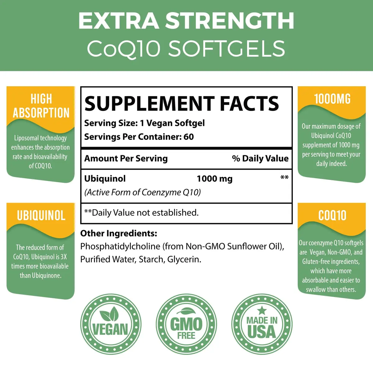 Mecinalis 1000mg Liposomal CoQ10 Softgels | Better Absorption CoQ10 Ubiquinol Supplement | Heart Function & Energy Production | Active Antioxidant Form of Vegan Coenzyme Q10 | Non-GMO | 120 Softgels - view 2