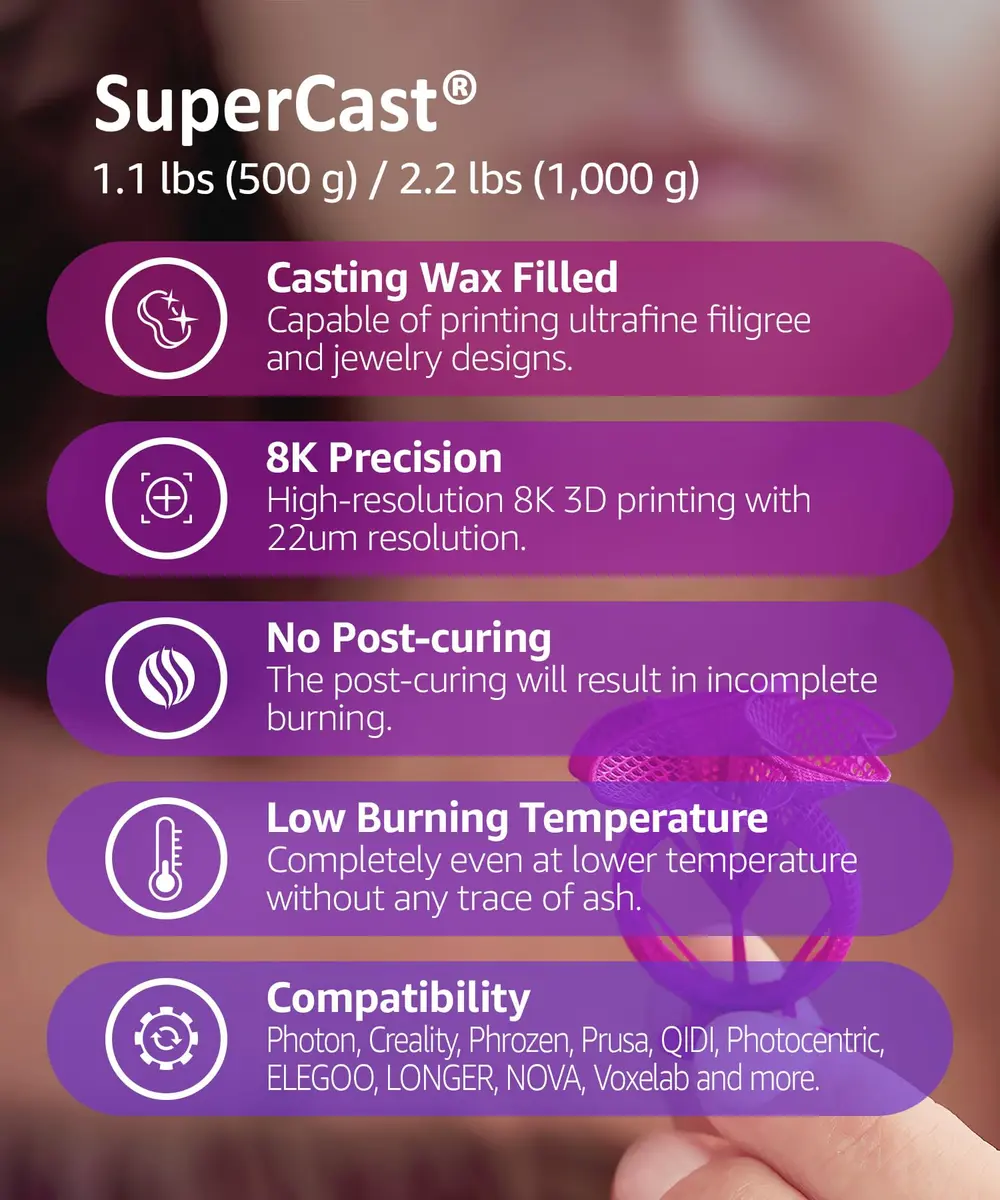 3DMaterials SuperCast 8K 3D Print Resin Wax Filled Jewelry Casting 1000g | High-Resolution, Low Temp Burnout - view 2