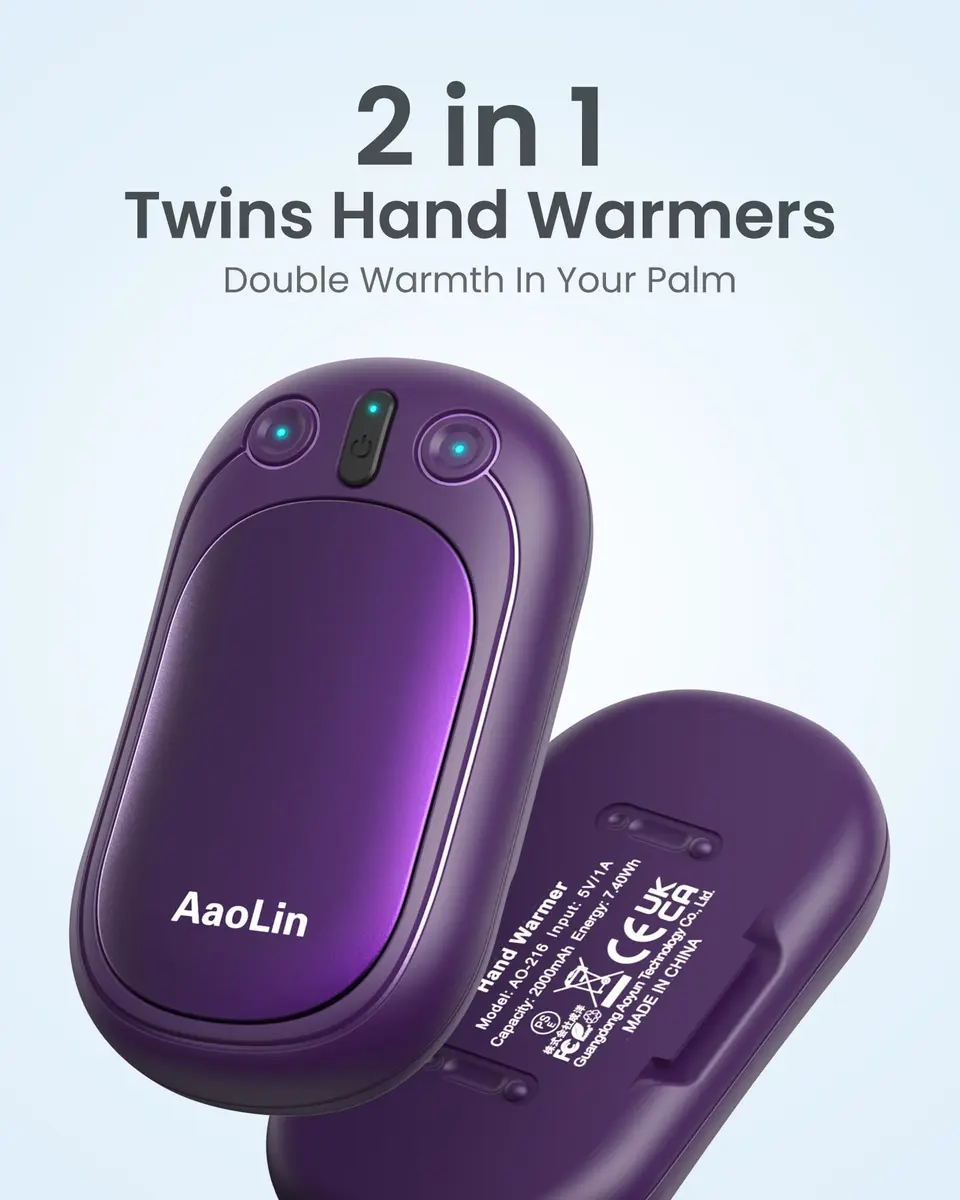 AaoLin Rechargeable Hand Warmers 2-Pack, 2-in-1 Electric Pocket Heaters - 2 Pack Purple - view 2