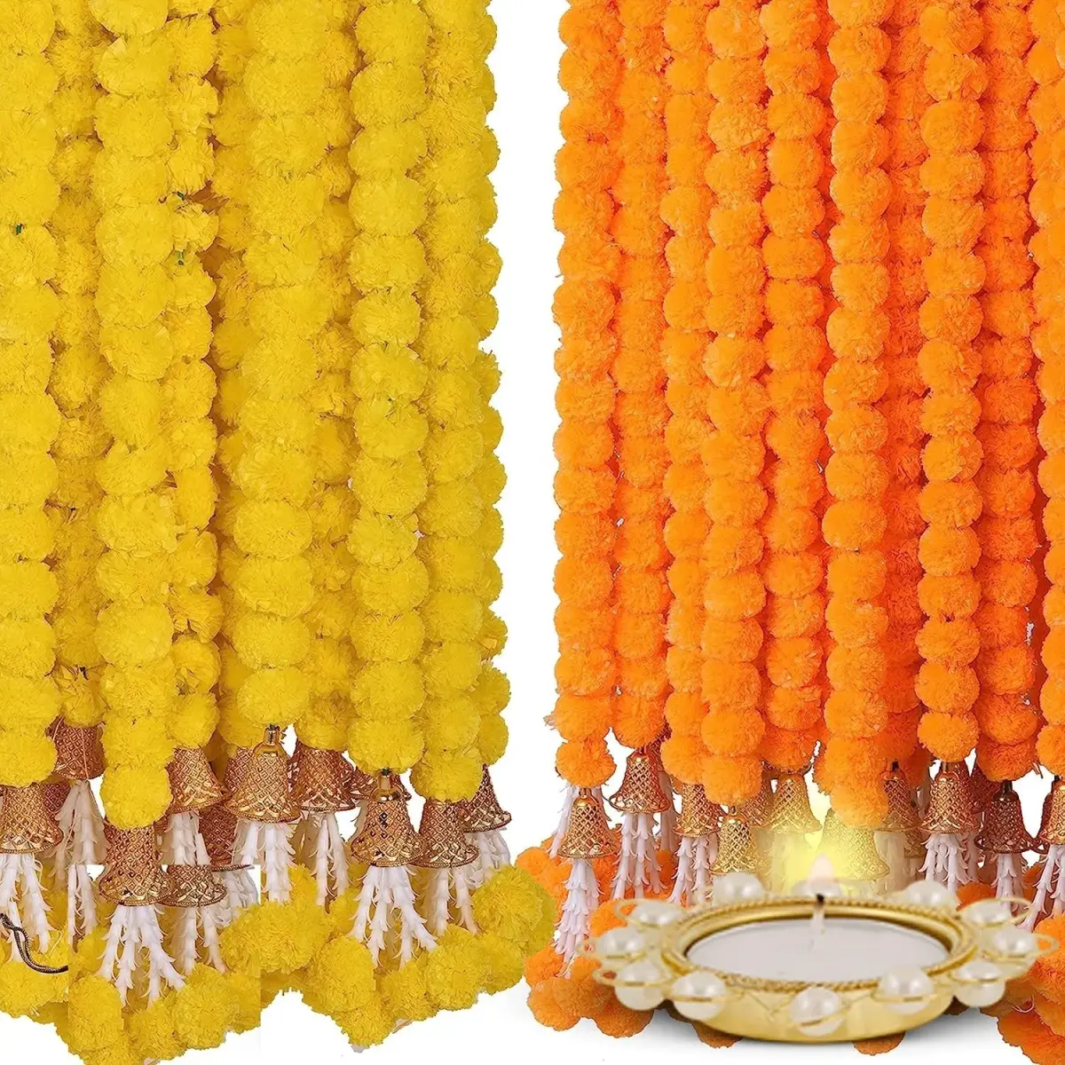 HOME BUY Artificial Genda Phool Garland 5 Feet Long (152 cm) | 10 Pcs Orange+Yellow with 2 Diya - main product image