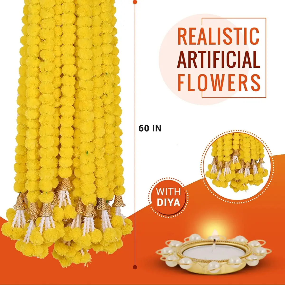 HOME BUY Artificial Genda Phool Garland 5 Feet Long (152 cm) | 10 Pcs Orange+Yellow with 2 Diya - view 7