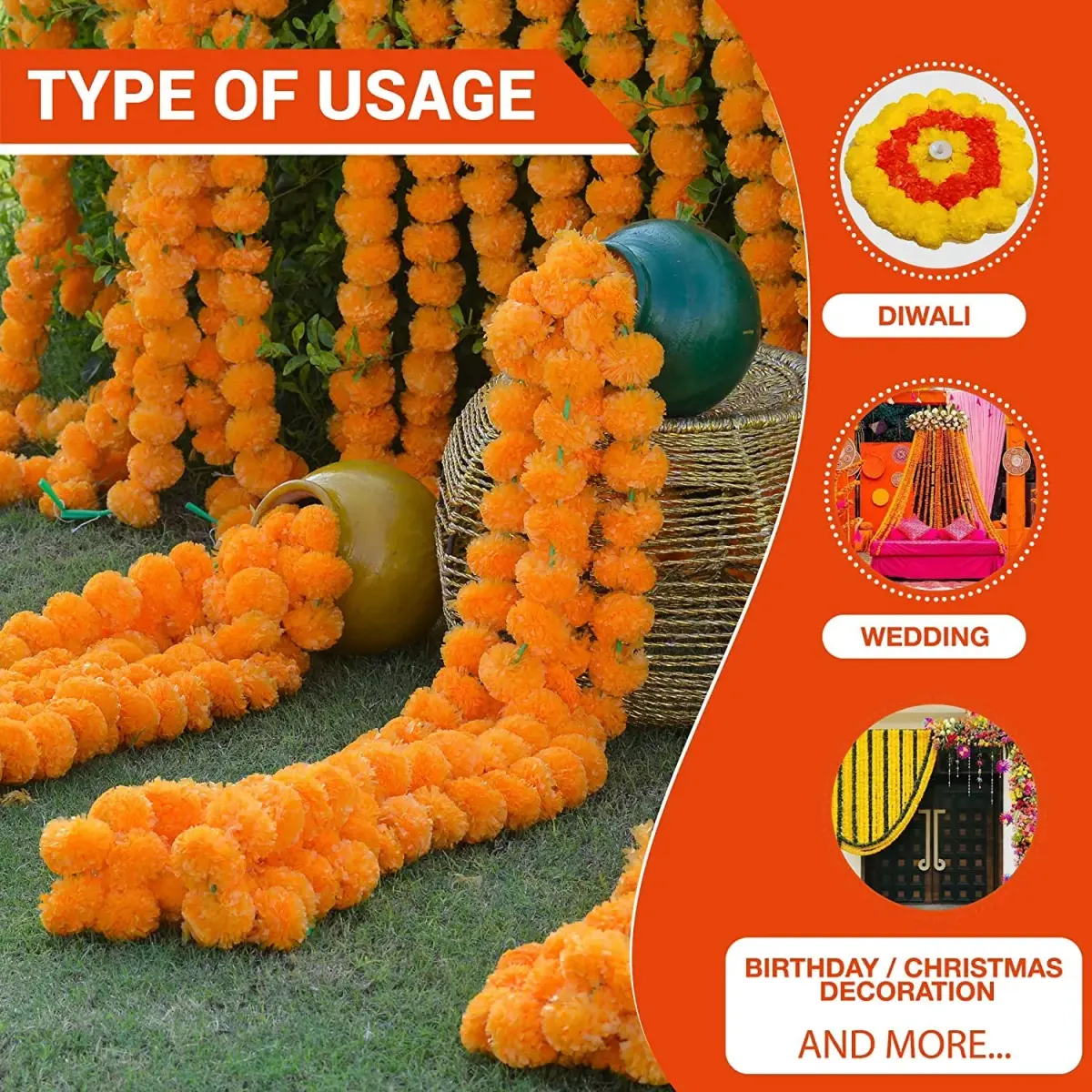 HOME BUY Artificial Genda Phool Garland 5 Feet Long (152 cm) | 10 Pcs Orange+Yellow with 2 Diya - view 8