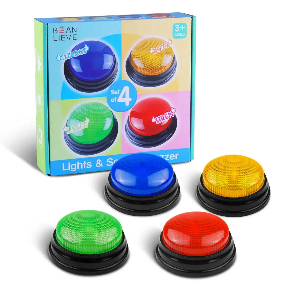 BEAN LIEVE 4-Pack Game Buzzers with Lights & Sounds | Educational Classroom & Party Game Show Answer Buzzers - main product image