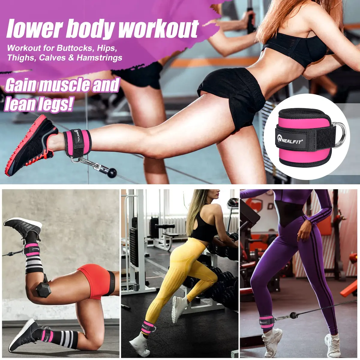 NEALFIT Pink Ankle Strap for Cable Machine, Pair | Comfortable Padded Cuffs for Glute Kickbacks, Leg Extensions, Hip Abductors - view 6