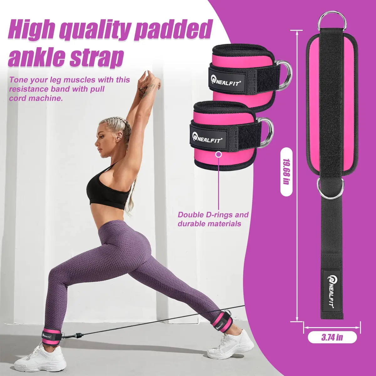 NEALFIT Pink Ankle Strap for Cable Machine, Pair | Comfortable Padded Cuffs for Glute Kickbacks, Leg Extensions, Hip Abductors - view 2