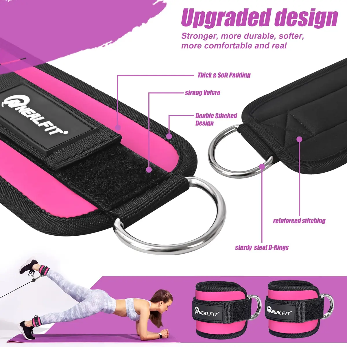 NEALFIT Pink Ankle Strap for Cable Machine, Pair | Comfortable Padded Cuffs for Glute Kickbacks, Leg Extensions, Hip Abductors - view 3