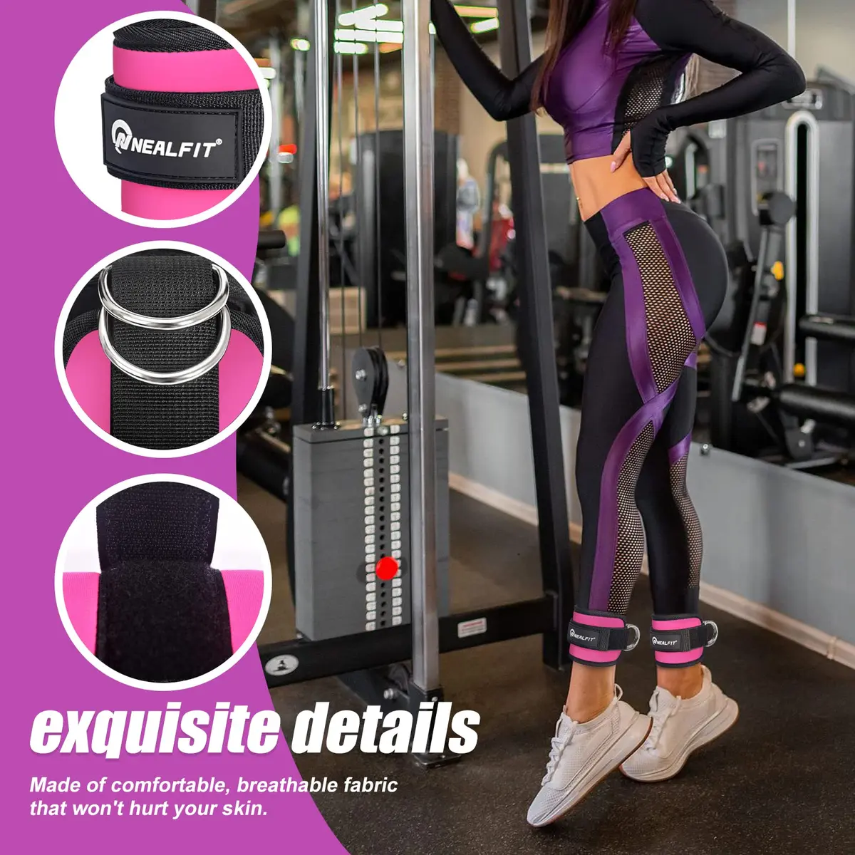 NEALFIT Pink Ankle Strap for Cable Machine, Pair | Comfortable Padded Cuffs for Glute Kickbacks, Leg Extensions, Hip Abductors - view 4