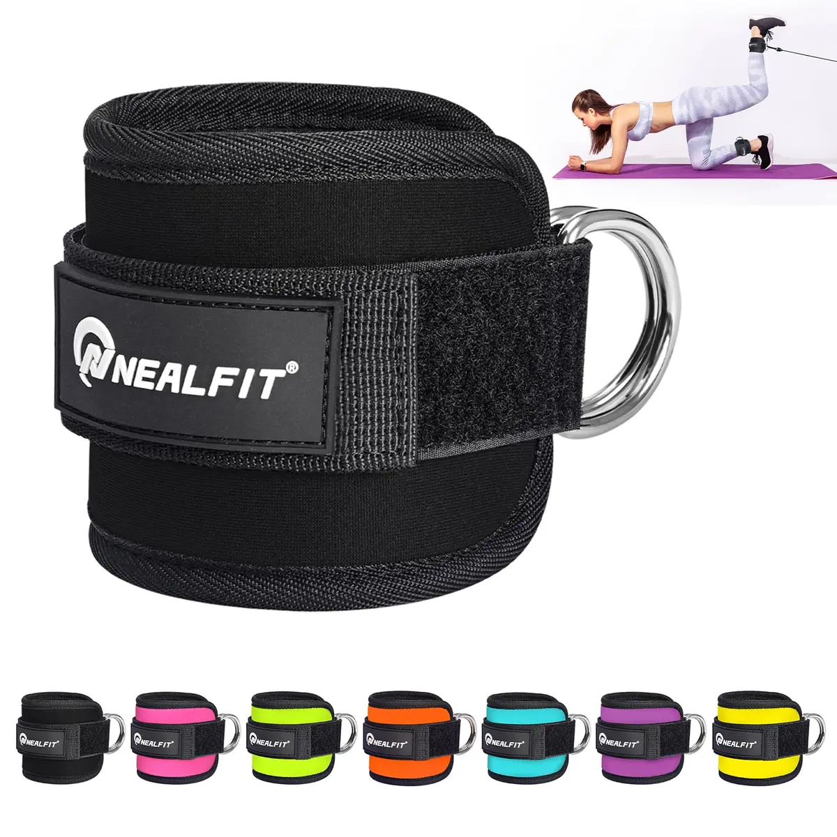 NEALFIT Ankle Strap for Cable Machine, Black Single | Reinforced Steel D-Ring for Glute Kickbacks - main product image
