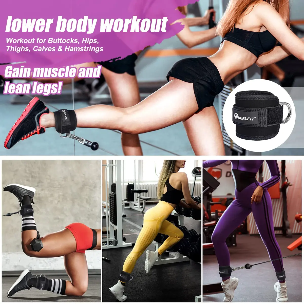 NEALFIT Ankle Strap for Cable Machine, Black Single | Reinforced Steel D-Ring for Glute Kickbacks - view 6