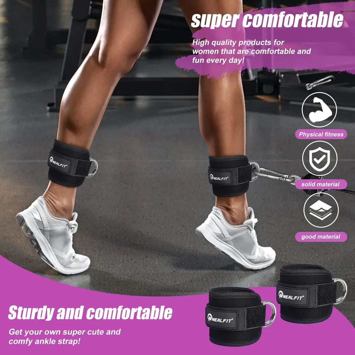 NEALFIT Ankle Strap for Cable Machine, Black Single | Reinforced Steel D-Ring for Glute Kickbacks - view 7