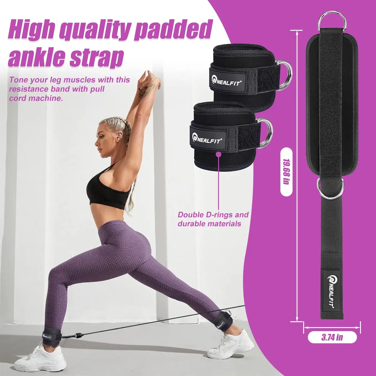 NEALFIT Ankle Strap for Cable Machine, Black Single | Reinforced Steel D-Ring for Glute Kickbacks - view 2