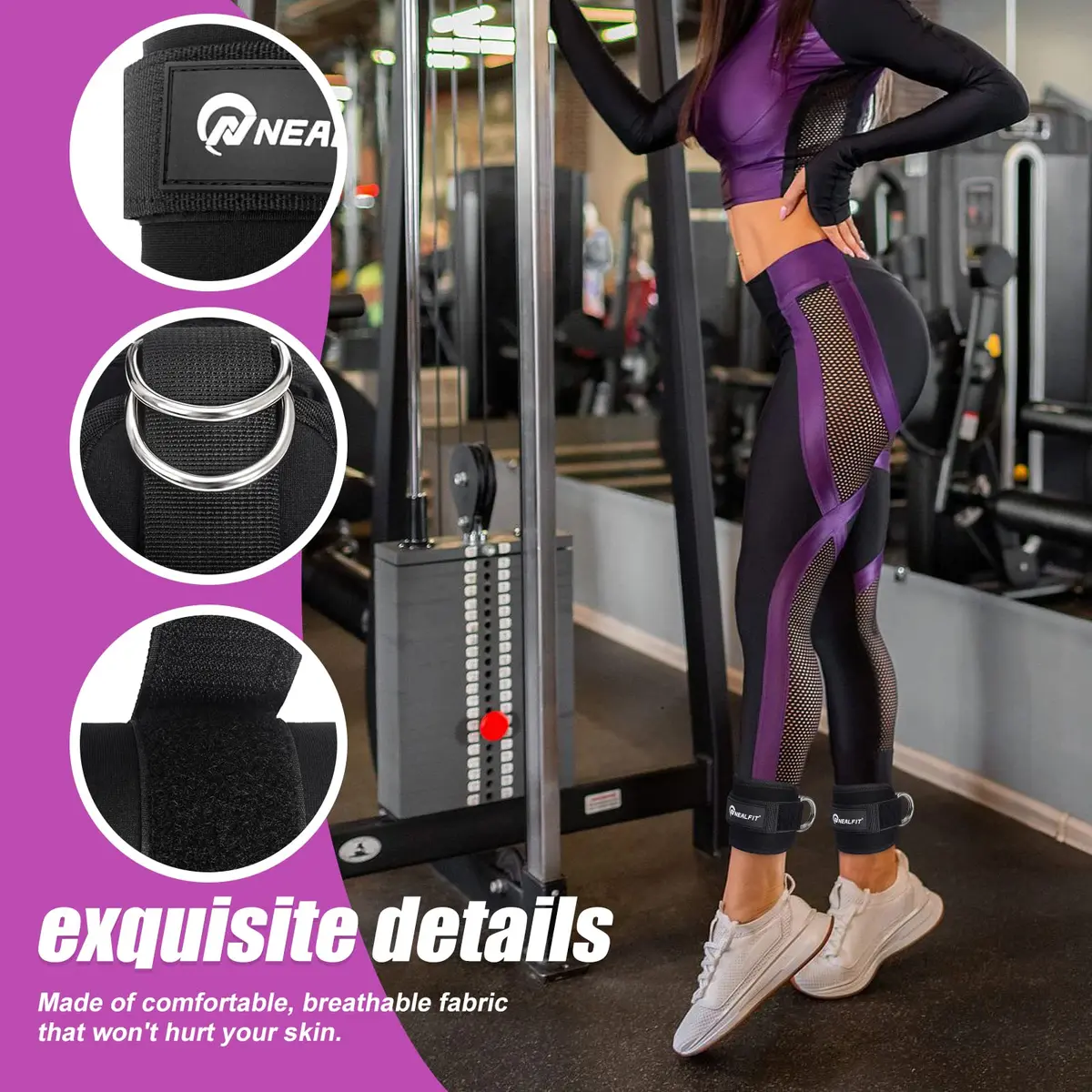 NEALFIT Ankle Strap for Cable Machine, Black Single | Reinforced Steel D-Ring for Glute Kickbacks - view 4