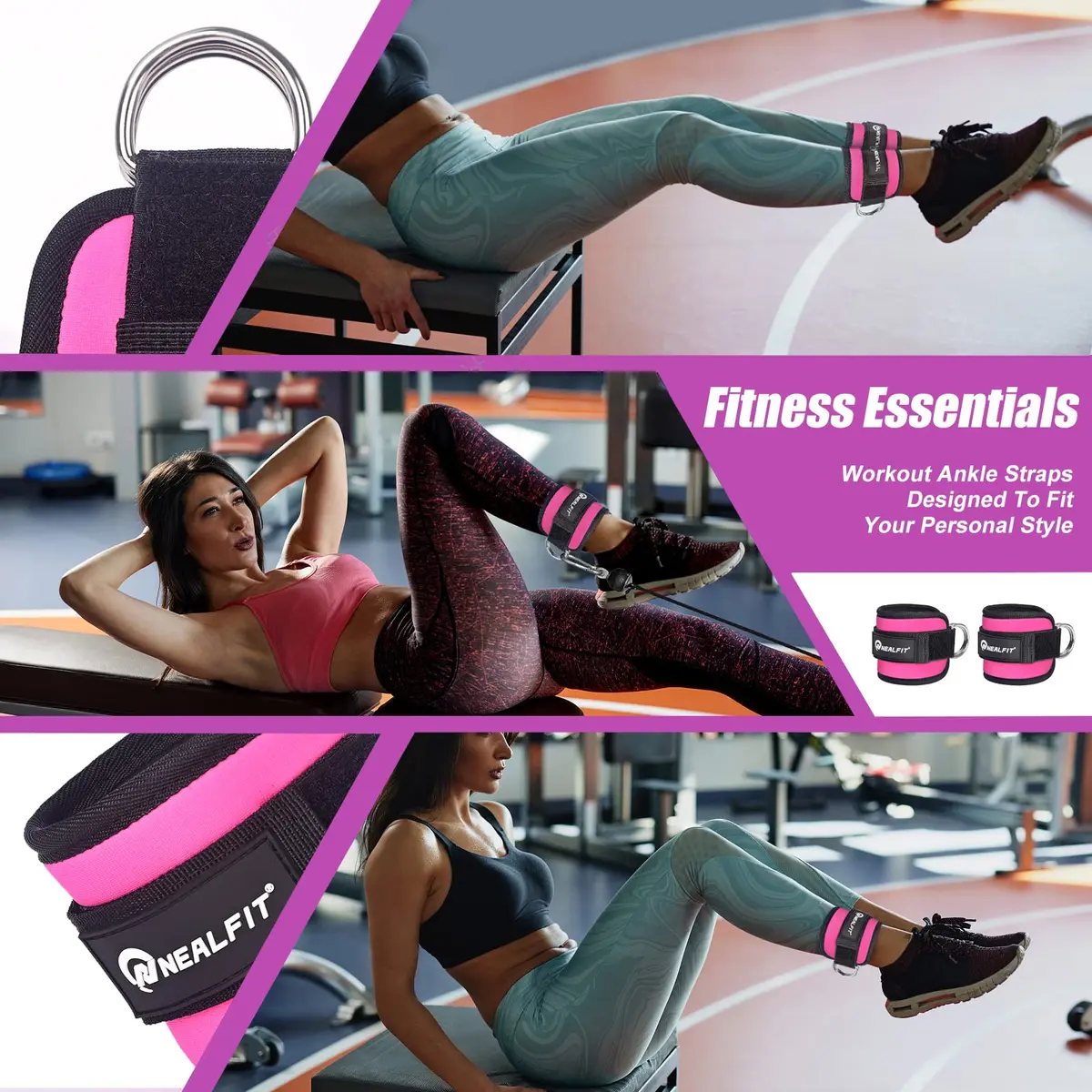NEALFIT Pink Cable Machine Ankle Strap | Adjustable for Glute Kickbacks, Leg Extensions, Hip Abductors (Single, 0.13 kg) - view 5