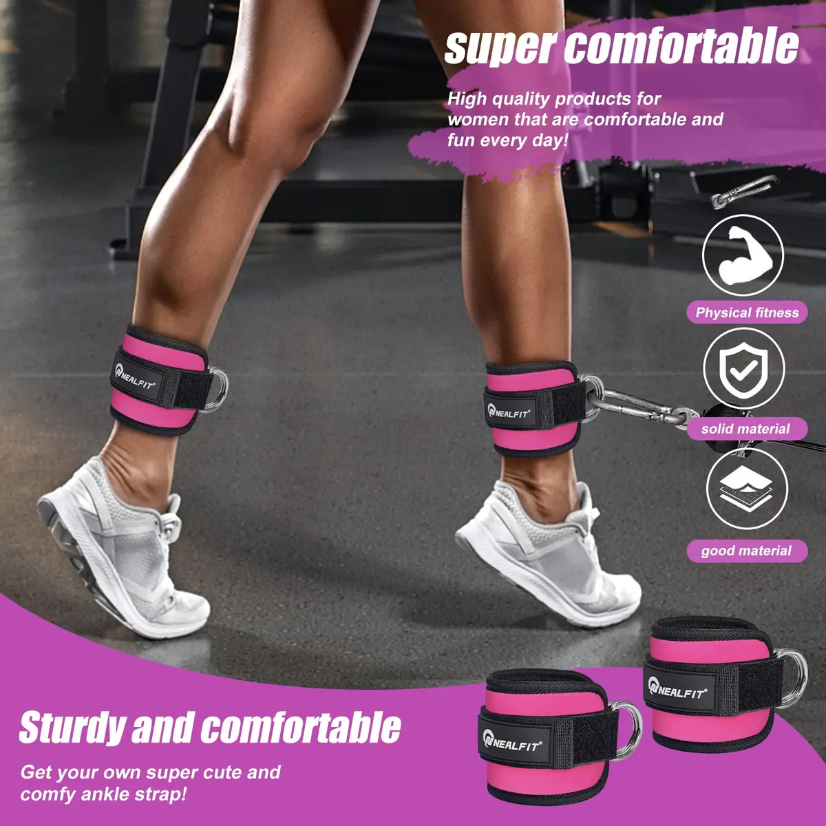 NEALFIT Pink Cable Machine Ankle Strap | Adjustable for Glute Kickbacks, Leg Extensions, Hip Abductors (Single, 0.13 kg) - view 7