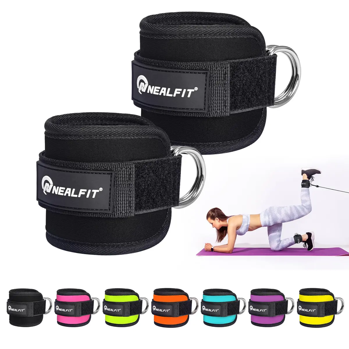 NEALFIT Black Ankle Strap Pair for Cable Machines | Reinforced Steel D-Ring for Glute Kickbacks & Leg Extensions - main product image