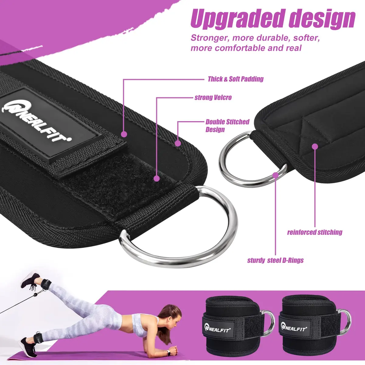 NEALFIT Black Ankle Strap Pair for Cable Machines | Reinforced Steel D-Ring for Glute Kickbacks & Leg Extensions - view 3