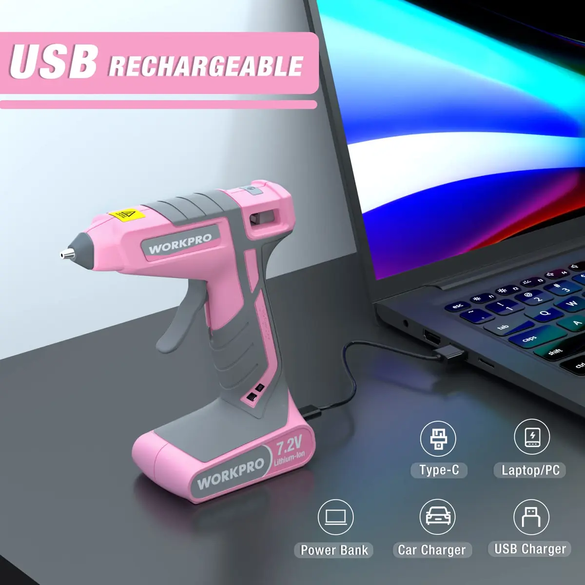 WORKPRO Pink Cordless Hot Melt Glue Gun 7.2V | Fast Preheating, Rechargeable, Safe for Crafts & Repairs - view 5