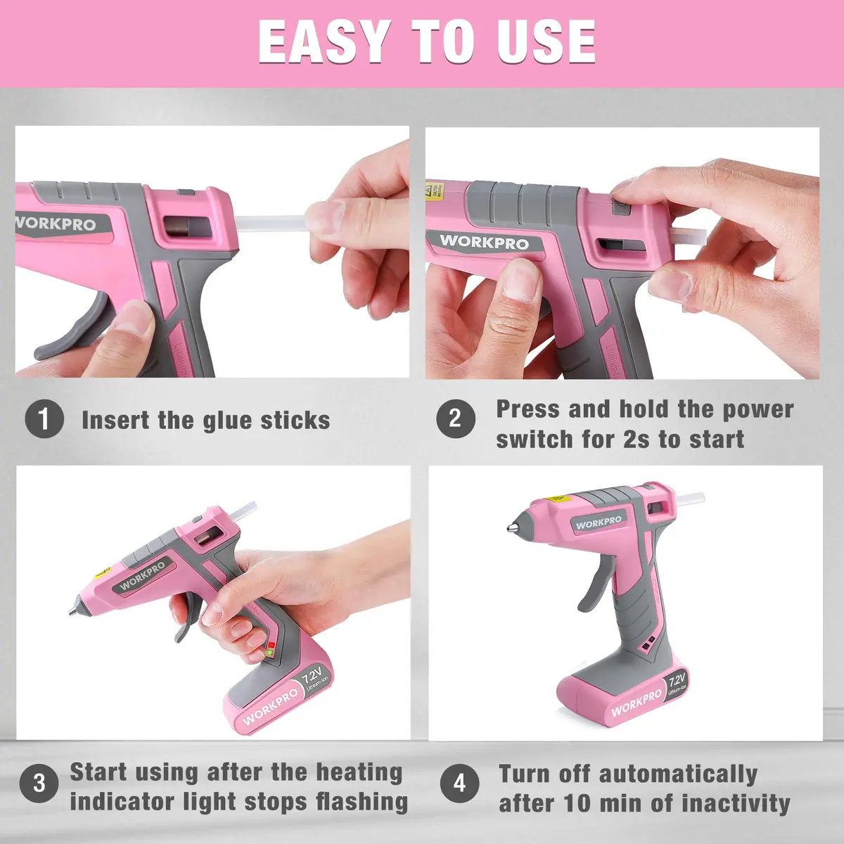 WORKPRO Pink Cordless Hot Melt Glue Gun 7.2V | Fast Preheating, Rechargeable, Safe for Crafts & Repairs - view 7