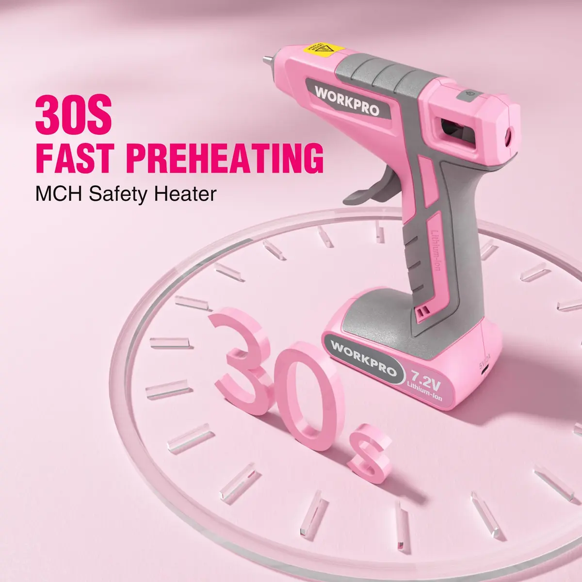 WORKPRO Pink Cordless Hot Melt Glue Gun 7.2V | Fast Preheating, Rechargeable, Safe for Crafts & Repairs - view 2