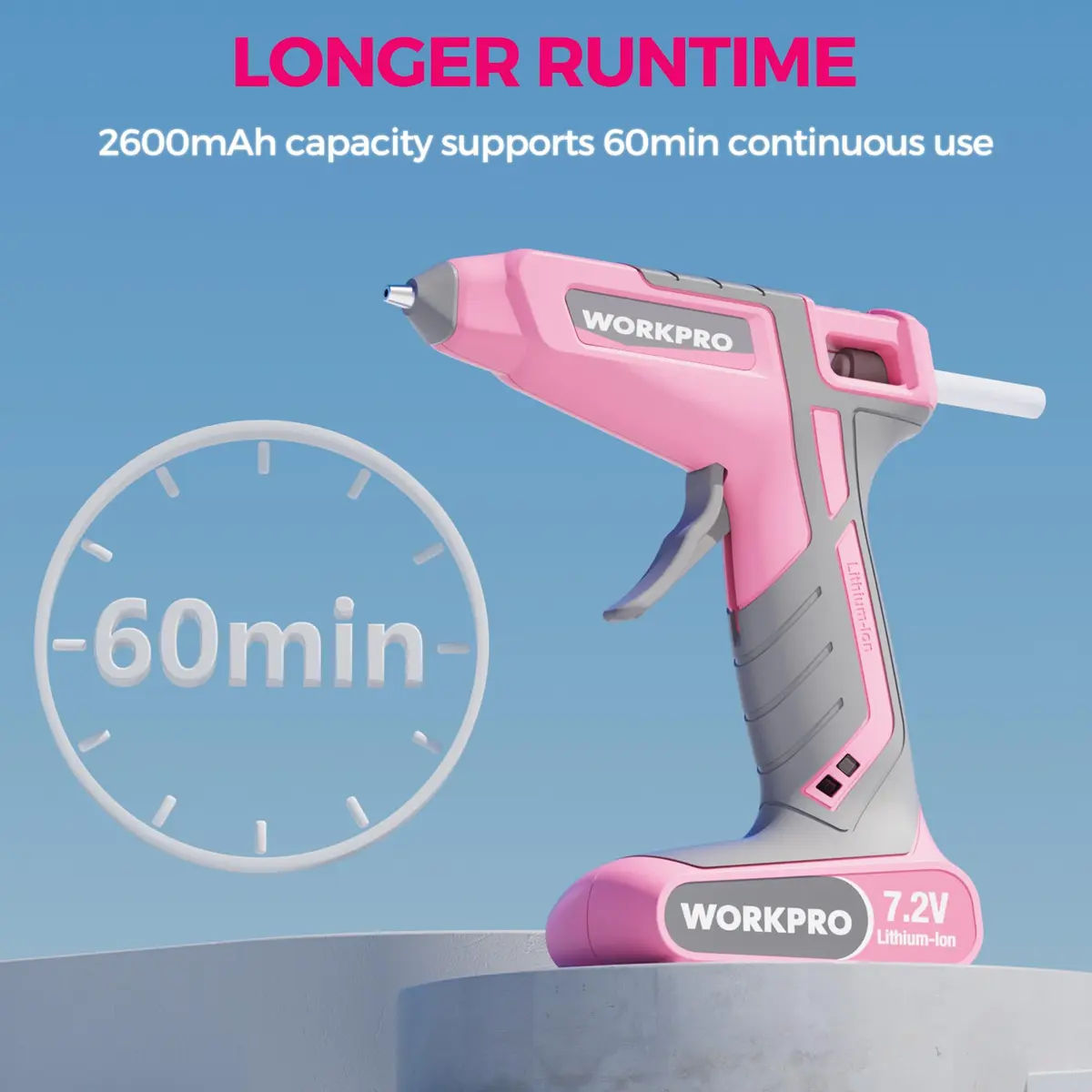 WORKPRO Pink Cordless Hot Melt Glue Gun 7.2V | Fast Preheating, Rechargeable, Safe for Crafts & Repairs - view 3