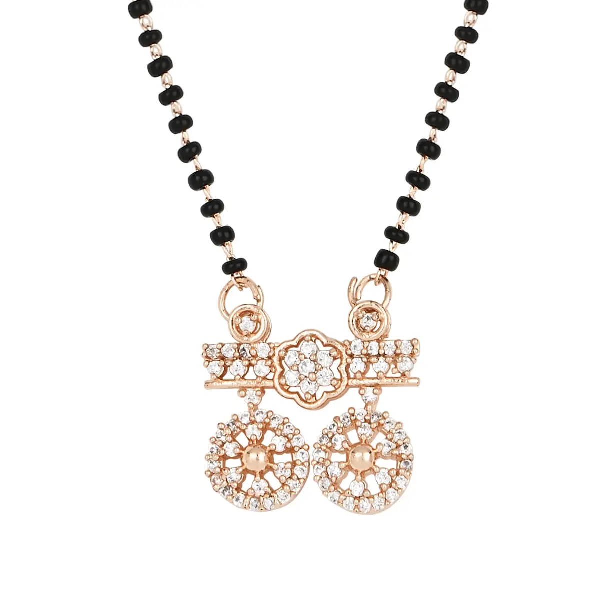 I Jewels Rose Gold Plated Black Beads CZ AD Mangalsutra For Women (D097) | Traditional Indian Wedding Jewelry - view 3