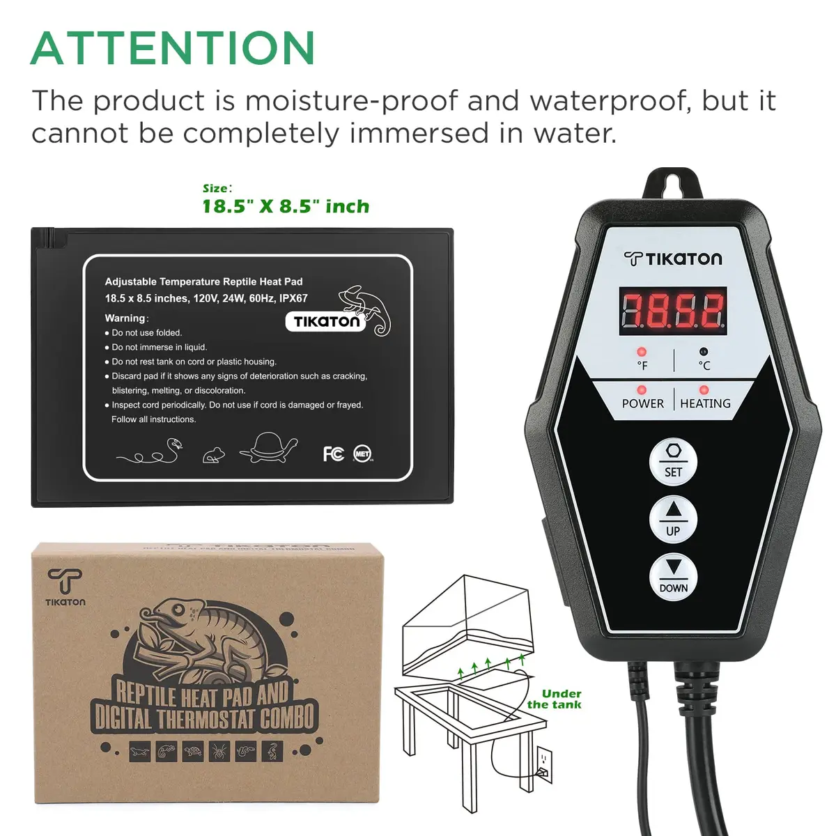 Tikaton Reptile Heating Pad & Digital Thermostat Combo Set | Under Tank Heater for 10-20gal/30-40gal Tank, Terrarium Heat Mat for Turtle/Snake/Lizard/Frog/Spider/Plant Box - view 5