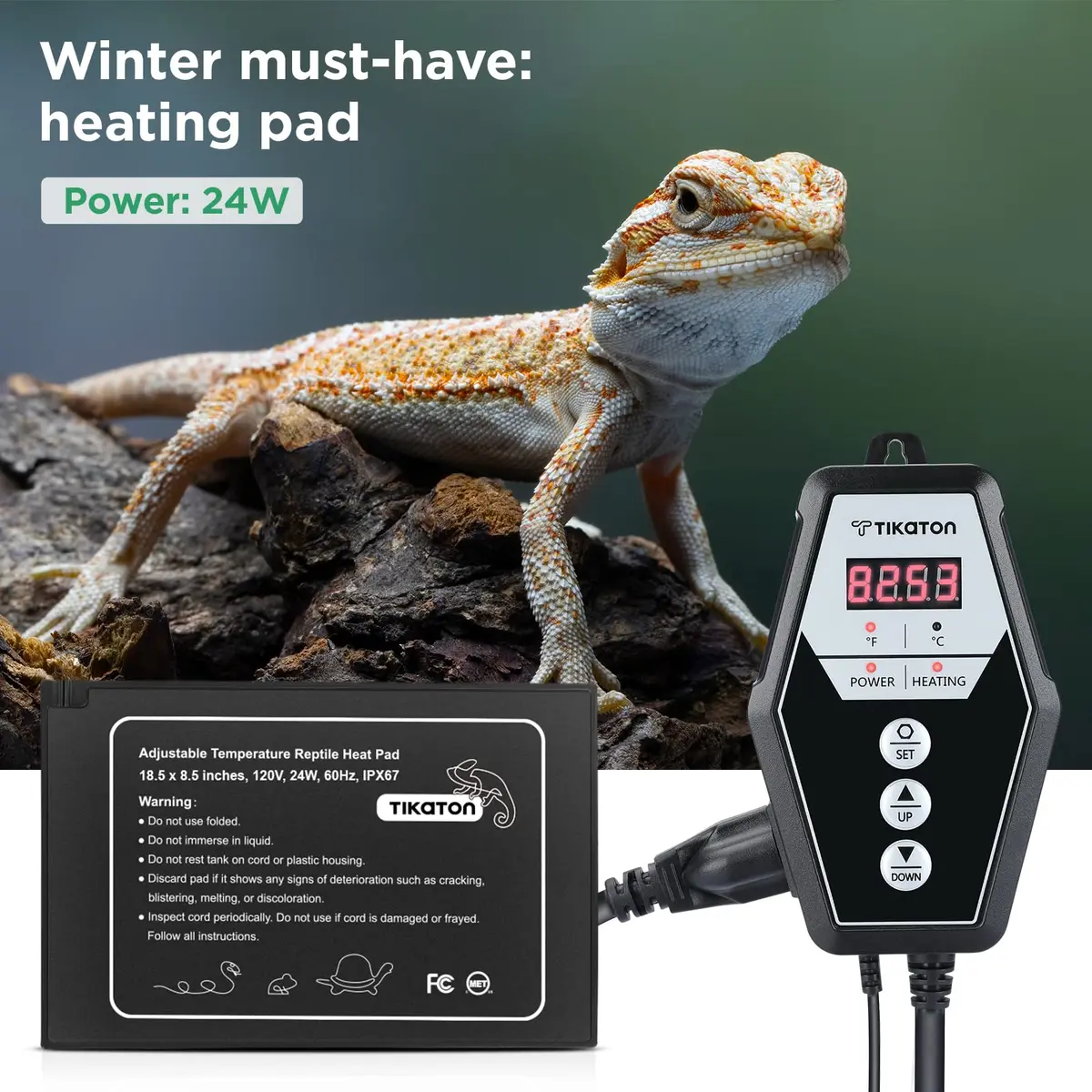 Tikaton Reptile Heating Pad & Digital Thermostat Combo Set | Under Tank Heater for 10-20gal/30-40gal Tank, Terrarium Heat Mat for Turtle/Snake/Lizard/Frog/Spider/Plant Box - view 7