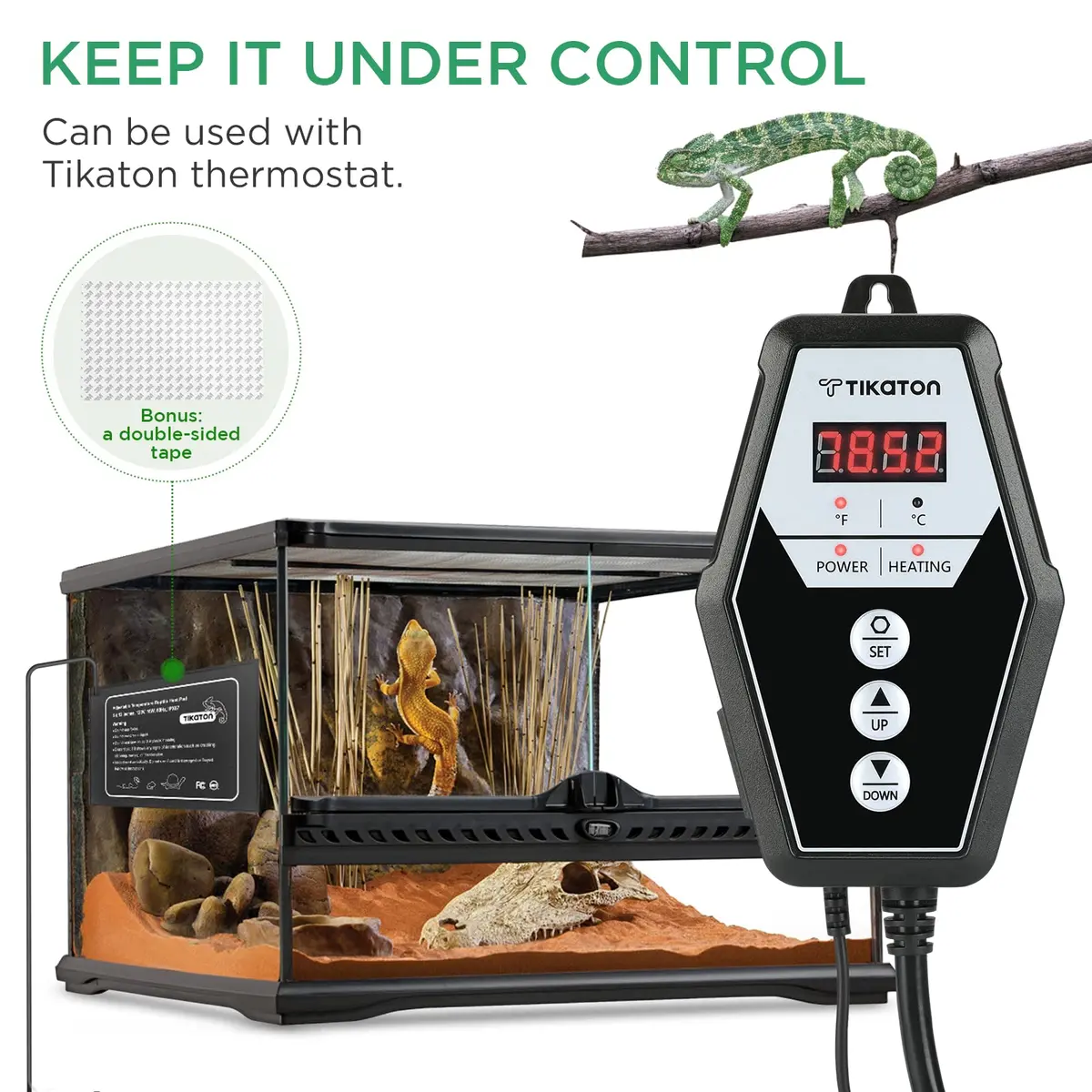 Tikaton Reptile Heating Pad & Digital Thermostat Combo Set | Under Tank Heater for 10-20gal/30-40gal Tank, Terrarium Heat Mat for Turtle/Snake/Lizard/Frog/Spider/Plant Box - view 2