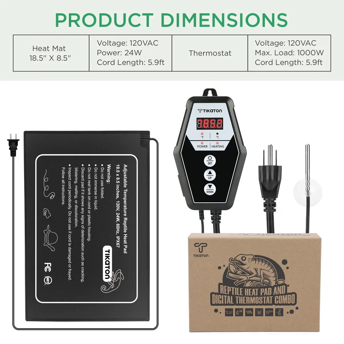 Tikaton Reptile Heating Pad & Digital Thermostat Combo Set | Under Tank Heater for 10-20gal/30-40gal Tank, Terrarium Heat Mat for Turtle/Snake/Lizard/Frog/Spider/Plant Box - view 3