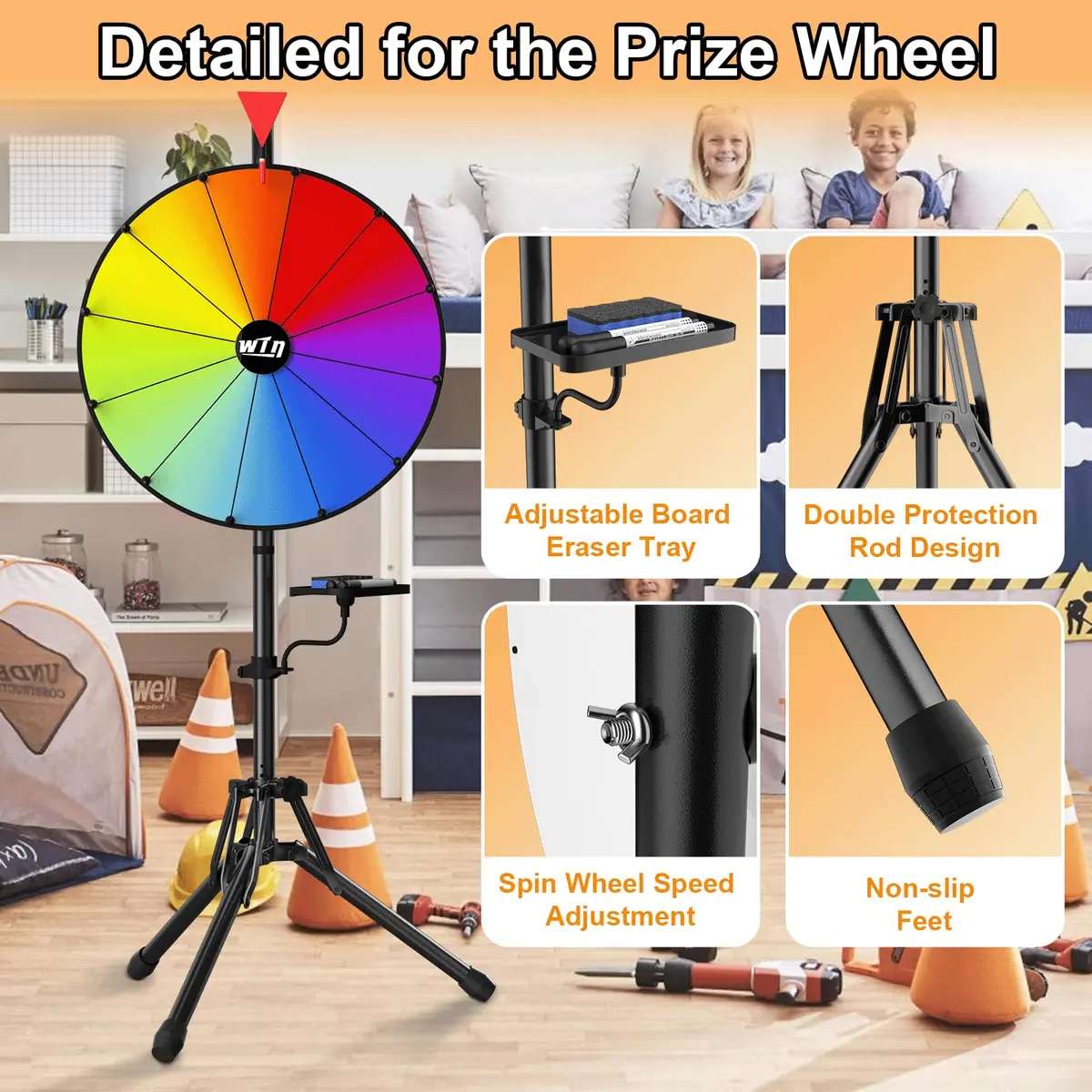 ORWOD 16 inch Prize Wheel Game with Stand, 12 Dry Erase Slots | Adjustable Height 36-64 Inches - view 4