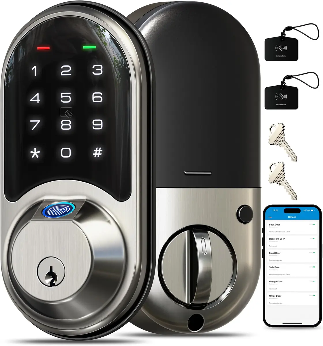 Veise RZ07 Fingerprint Smart Door Lock Deadbolt Satin Nickel | App Control, Fast Fingerprint - main product image