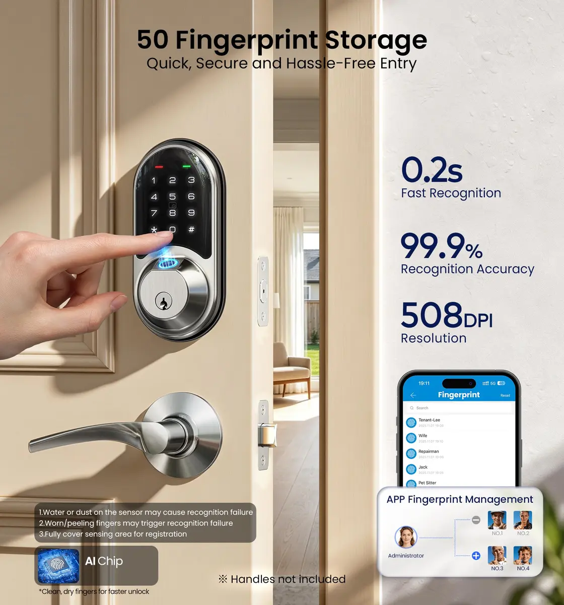 Veise RZ07 Fingerprint Smart Door Lock Deadbolt Satin Nickel | App Control, Fast Fingerprint - view 8