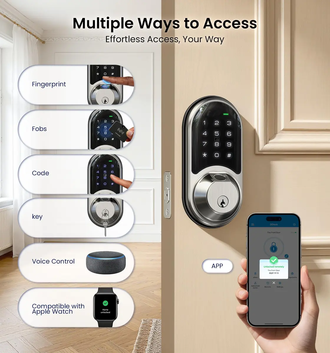 Veise RZ07 Fingerprint Smart Door Lock Deadbolt Satin Nickel | App Control, Fast Fingerprint - view 2