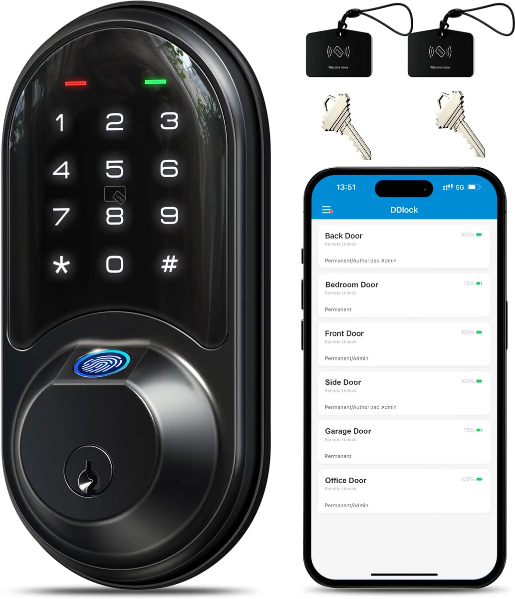 Veise RZ07 Fingerprint Smart Door Lock Deadbolt | App Control, Matte Black, IP54 - main product image