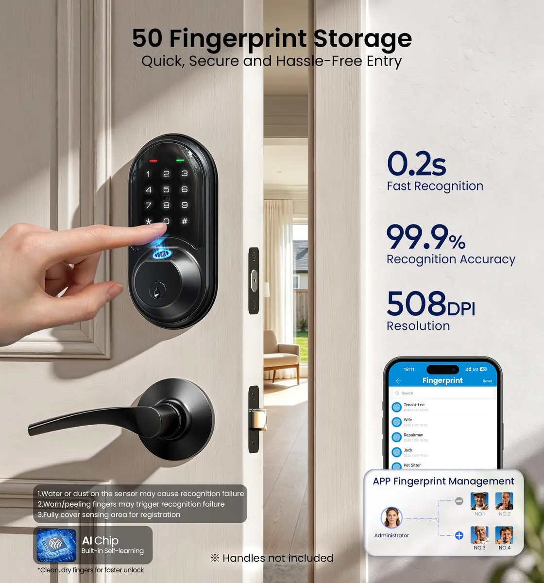Veise RZ07 Fingerprint Smart Door Lock Deadbolt | App Control, Matte Black, IP54 - view 8