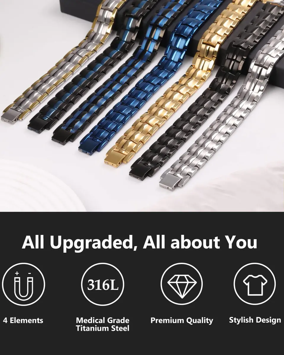 Feraco Magnetic Therapy Bracelet Titanium Steel Double Row 4 Elements Magnets 22cm (8.66 inch) | Hypoallergenic & Adjustable - view 6