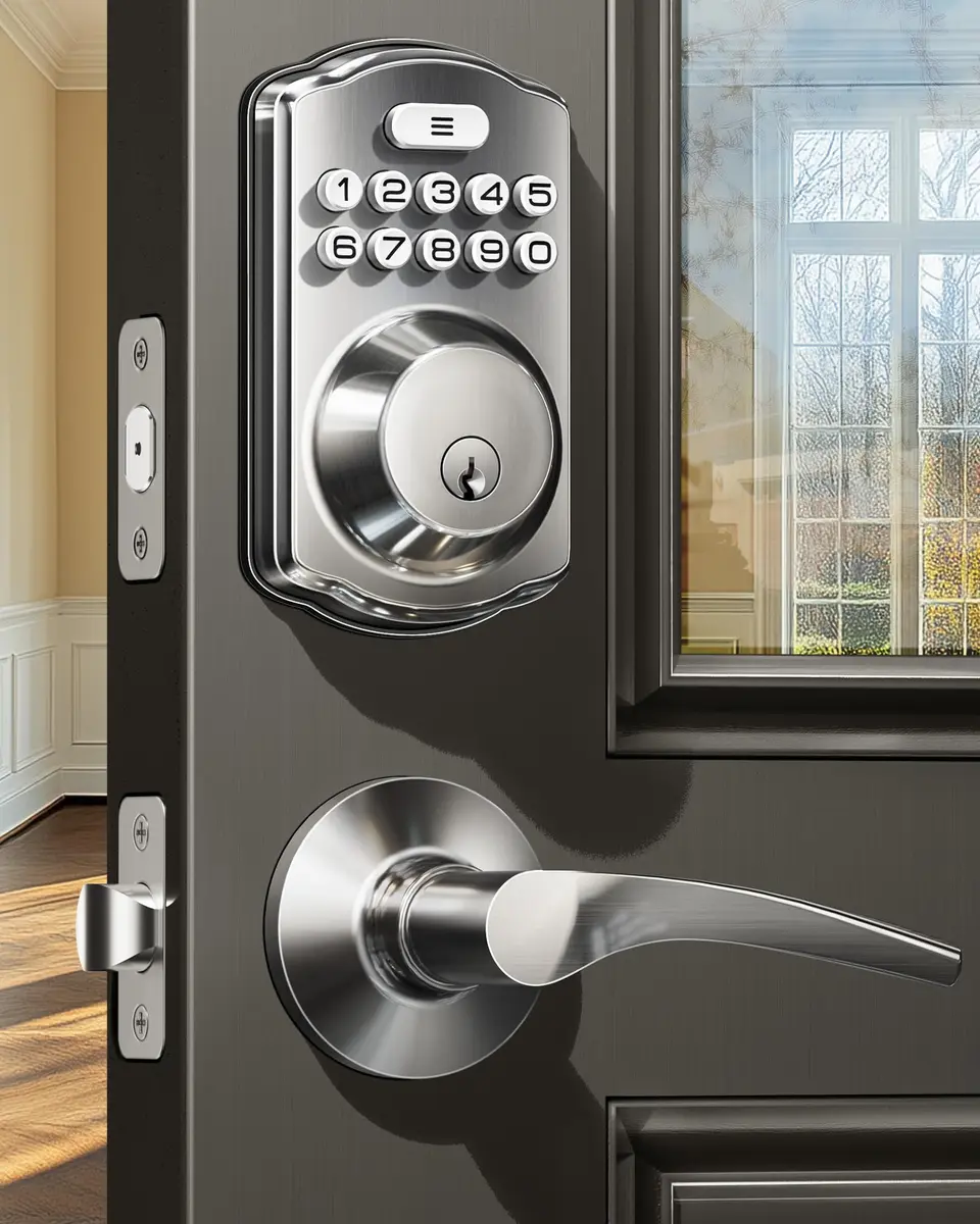 Veise KS01B Keypad Door Lock with 2 Lever Handles Set, Satin Nickel | Keyless Entry & Auto Lock - main product image
