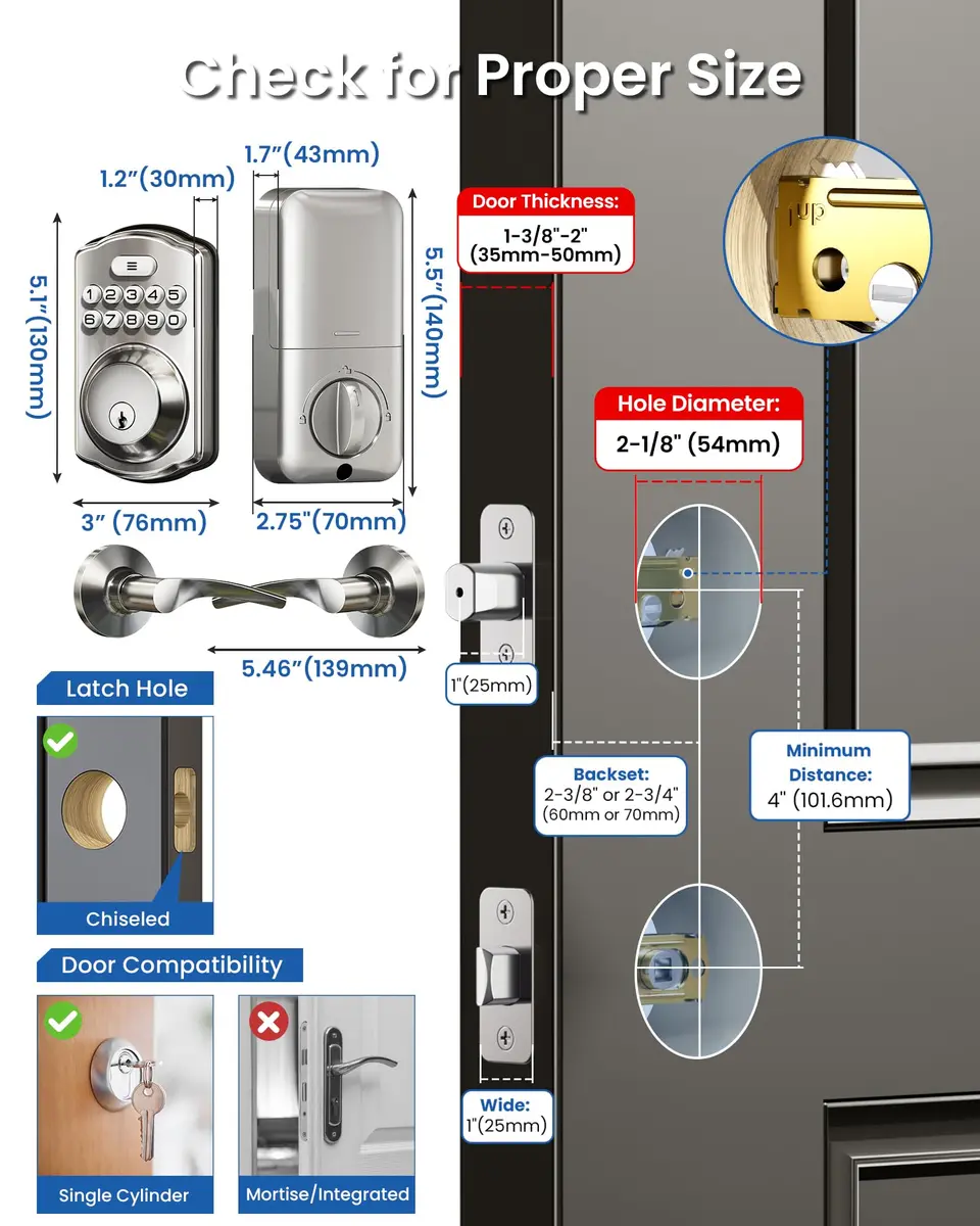 Veise KS01B Keypad Door Lock with 2 Lever Handles Set, Satin Nickel | Keyless Entry & Auto Lock - view 8